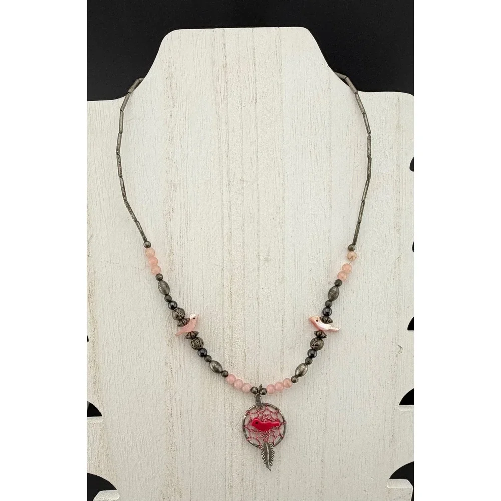 Bird Fetish Dreamcatcher Necklace Pink Silver Tone Vintage READ